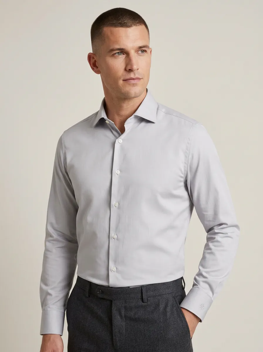 Men's Non-Iron Cotton Solid Grey Long Sleeve Dress Shirt