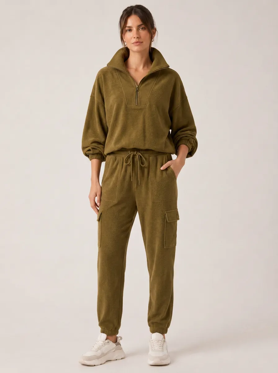 Women's Olive Quarter-Zip Pullover and Cargo Jogger Set