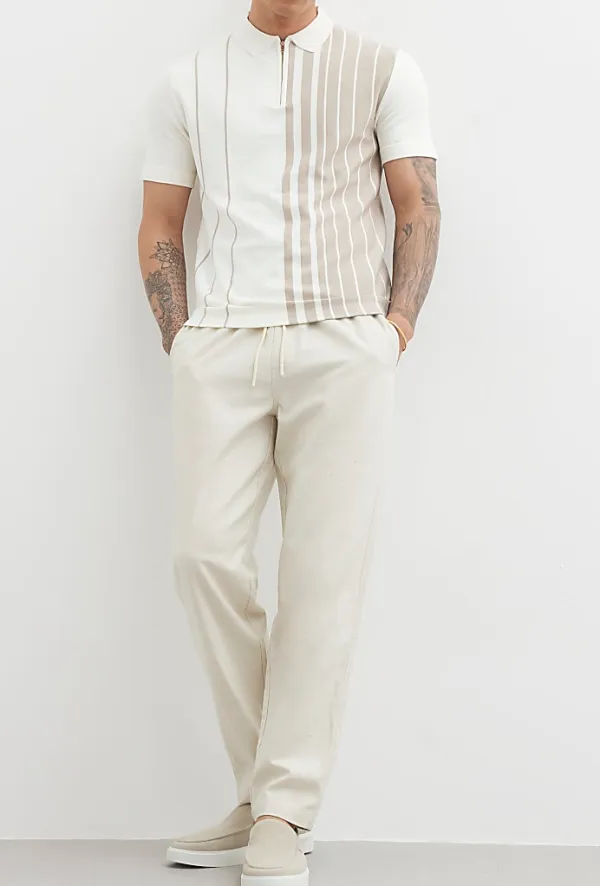 Men's White Slim Fit Light Khaki Striped Zip-Neck Polo Shirt