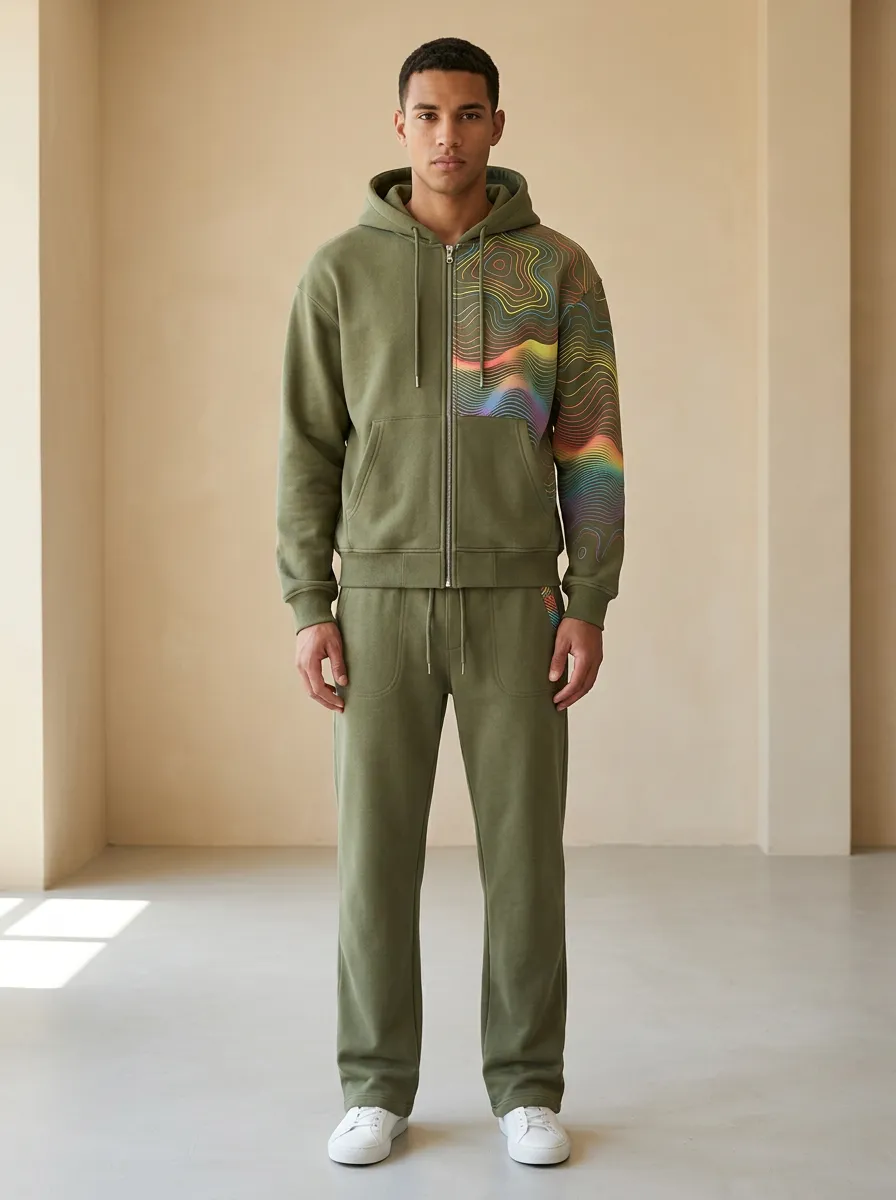 Men's Abstract Topographic Rainbow Printed Zip-up Hoodie Tracksuit