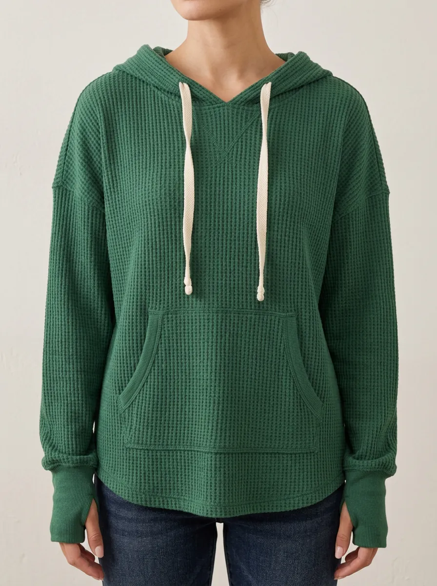 Women's Green Waffle Knit Drawstring Hooded Pullover Top