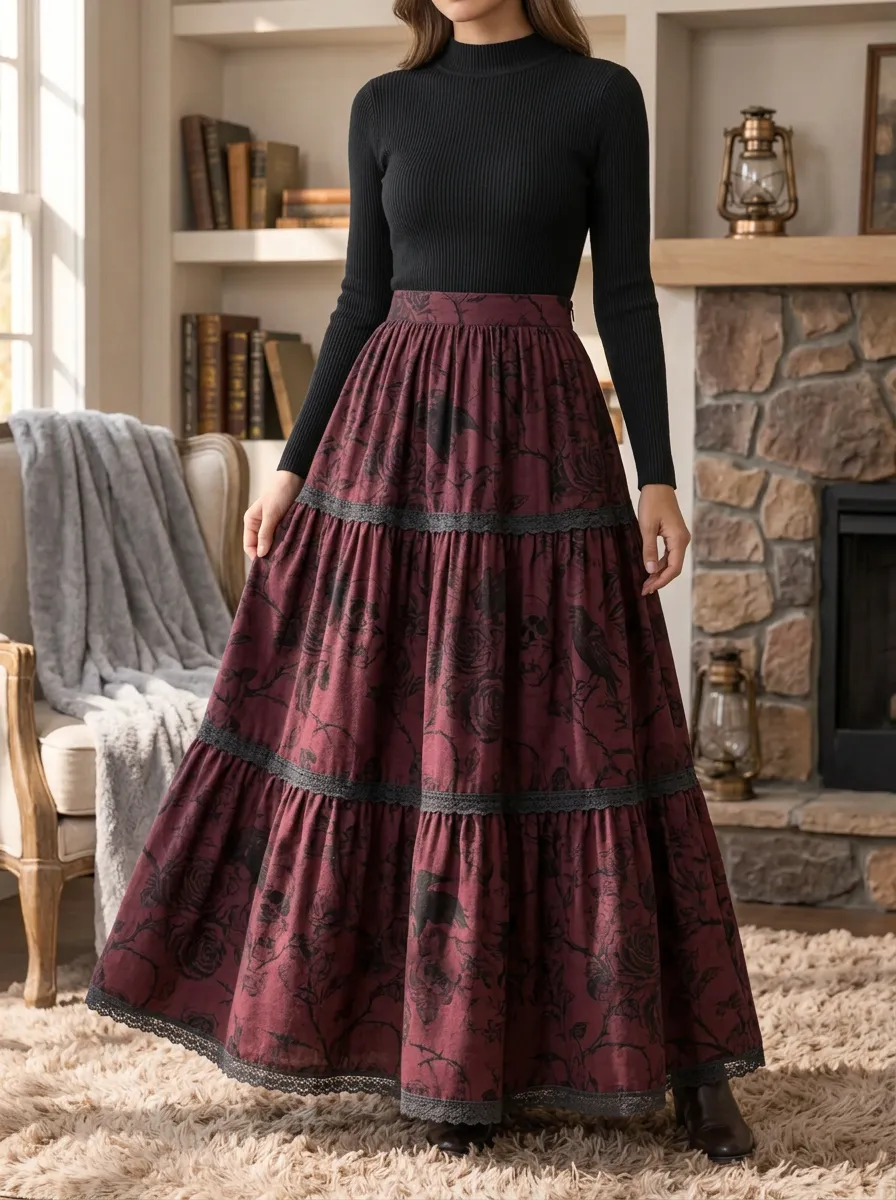 Women's Halloween Gothic Rose Skull Printed Tiered Maxi Skirt