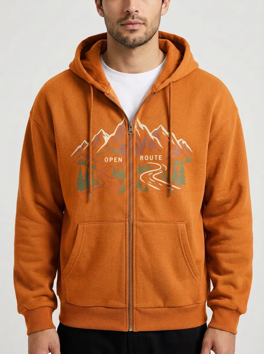 Men's Outdoor Adventure Open Route Mountain Printed Zip Hoodie