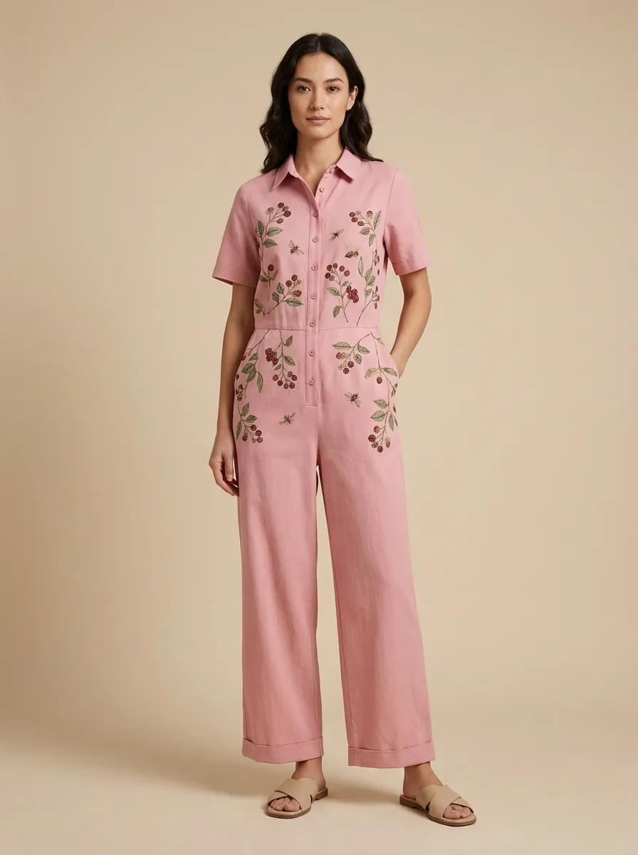 Women's Embroidered Short-Sleeve Pocket Jumpsuit