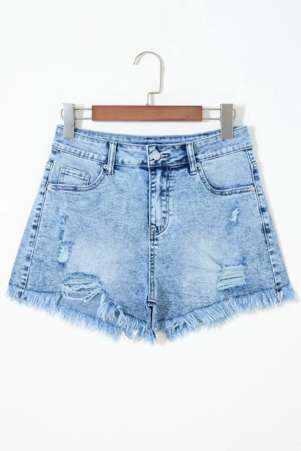 High-Waist Frayed Distressed Pocketed Denim Shorts