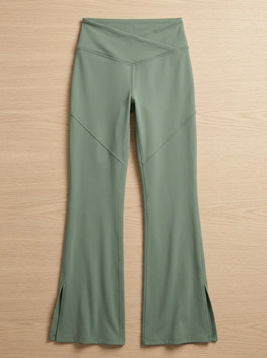 Women's Yoga Fitness Sage Green Crossover Waist Split Hem Flare Leggings