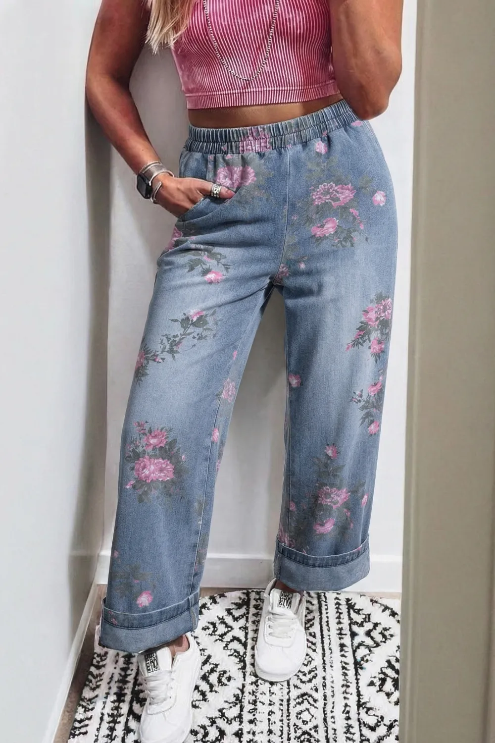 Light Blue Floral Pull On Jeans