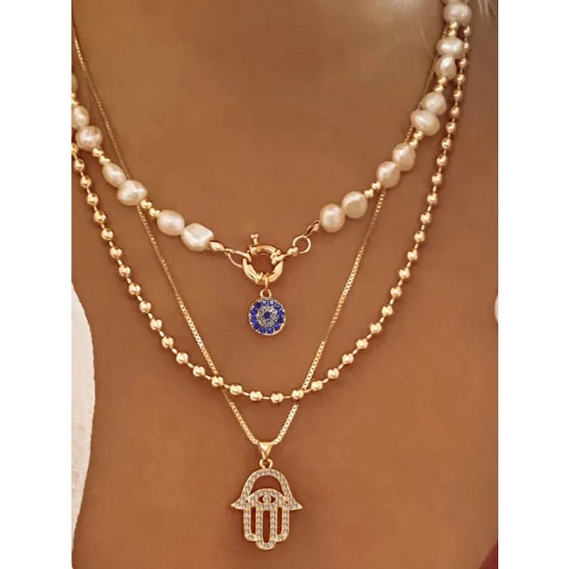 Pearl Chain Evil Eye Hamsa Pendant Necklace