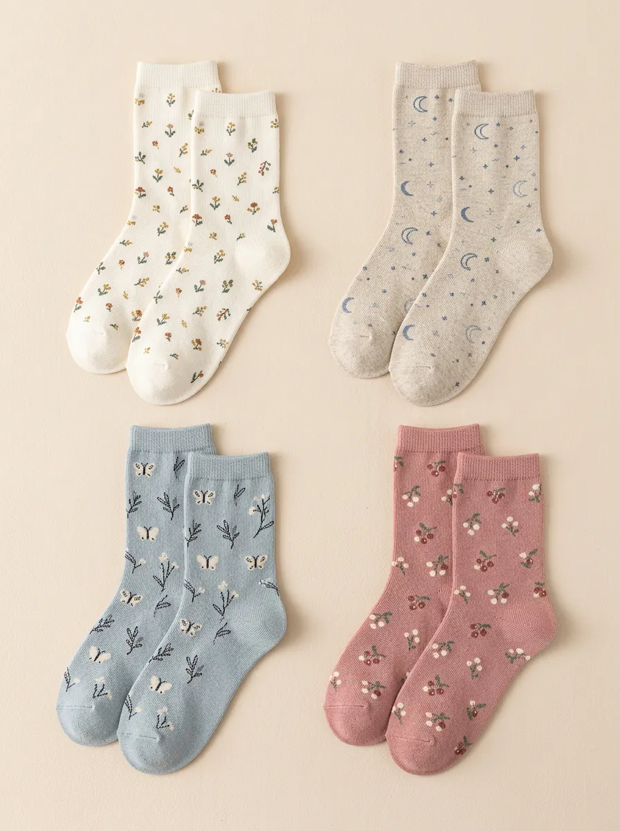 Women's Four-Pair Floral Celestial Butterfly Crew Sock Set