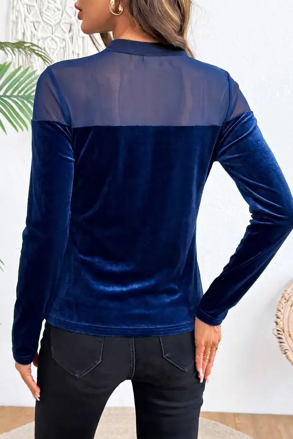 Refined Patchwork Round Neck Velvet Stretch Fabric Long Sleeve Top