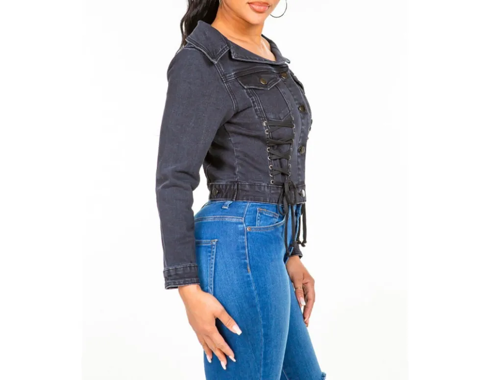Off-Shoulder Lace-Up Denim Jacket