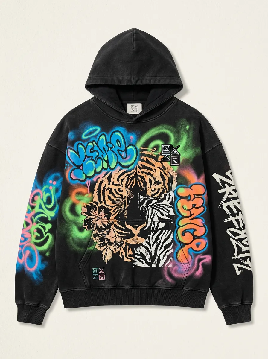 Unisex Tiger Graffiti Neon Graphic Hoodie