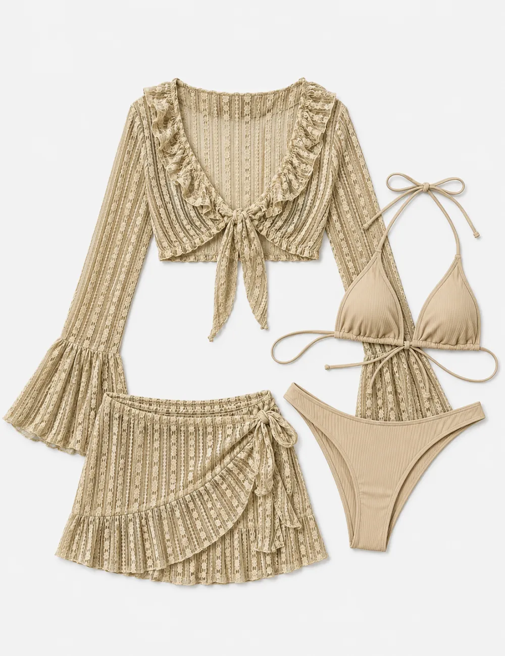Solid Color Triangle Bikini Four Piece Set with Cover Up and Mini Skirt