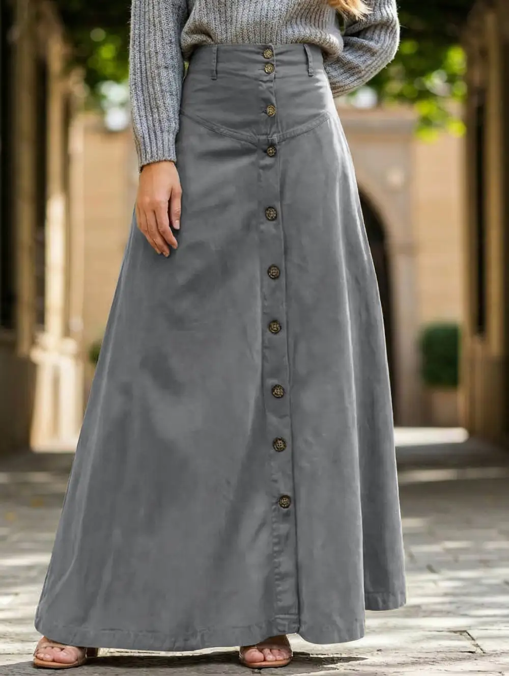 Button Front Slit A-Line Midi Skirt