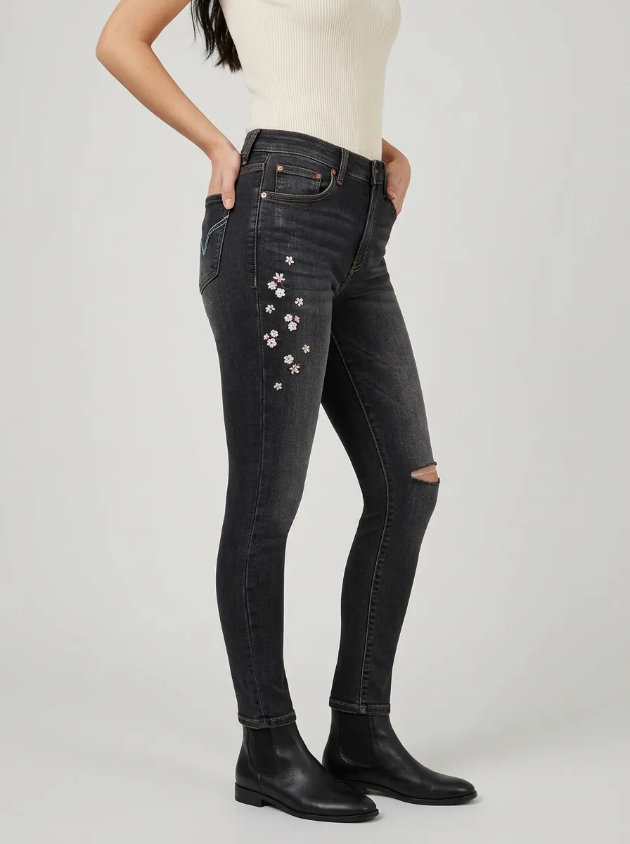 Women's Floral Cherry Blossom Embroidered Printed Slim Jeans