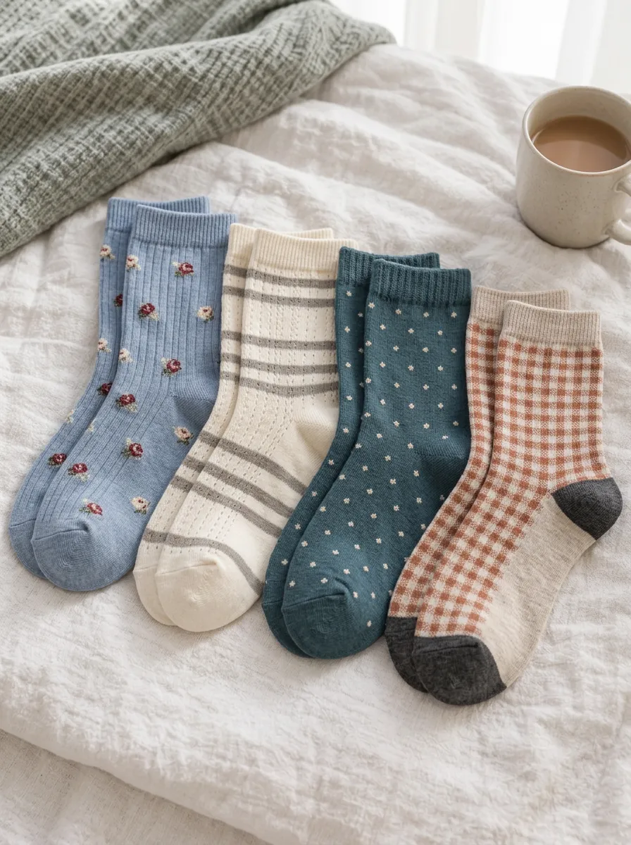 Women's Vintage Floral Striped Polka Dot Gingham Printed Socks 4-Pack