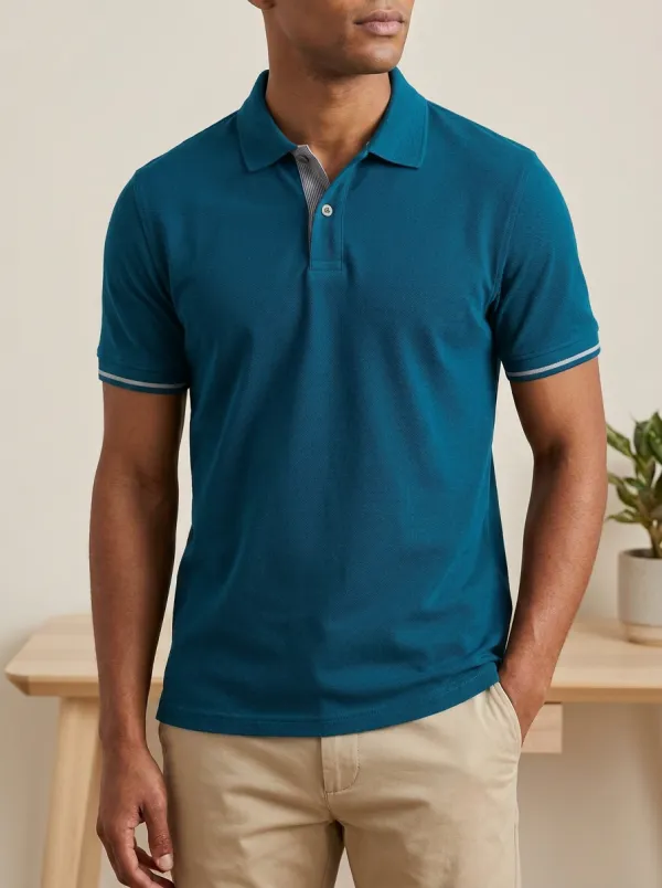 Men's Navy Blue Contrast Trim Casual Polo Shirt