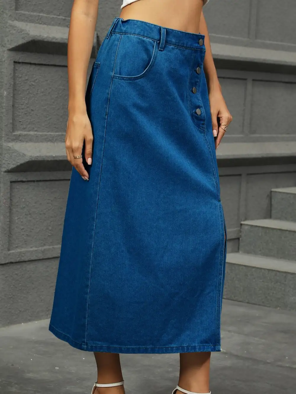 Everyday Denim Button Front Midi Skirt
