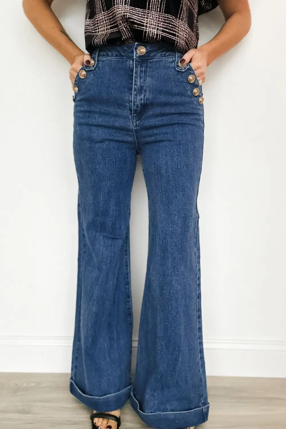 Women's Golden Button Detail Rolled Edge Flare Leg Jeans
