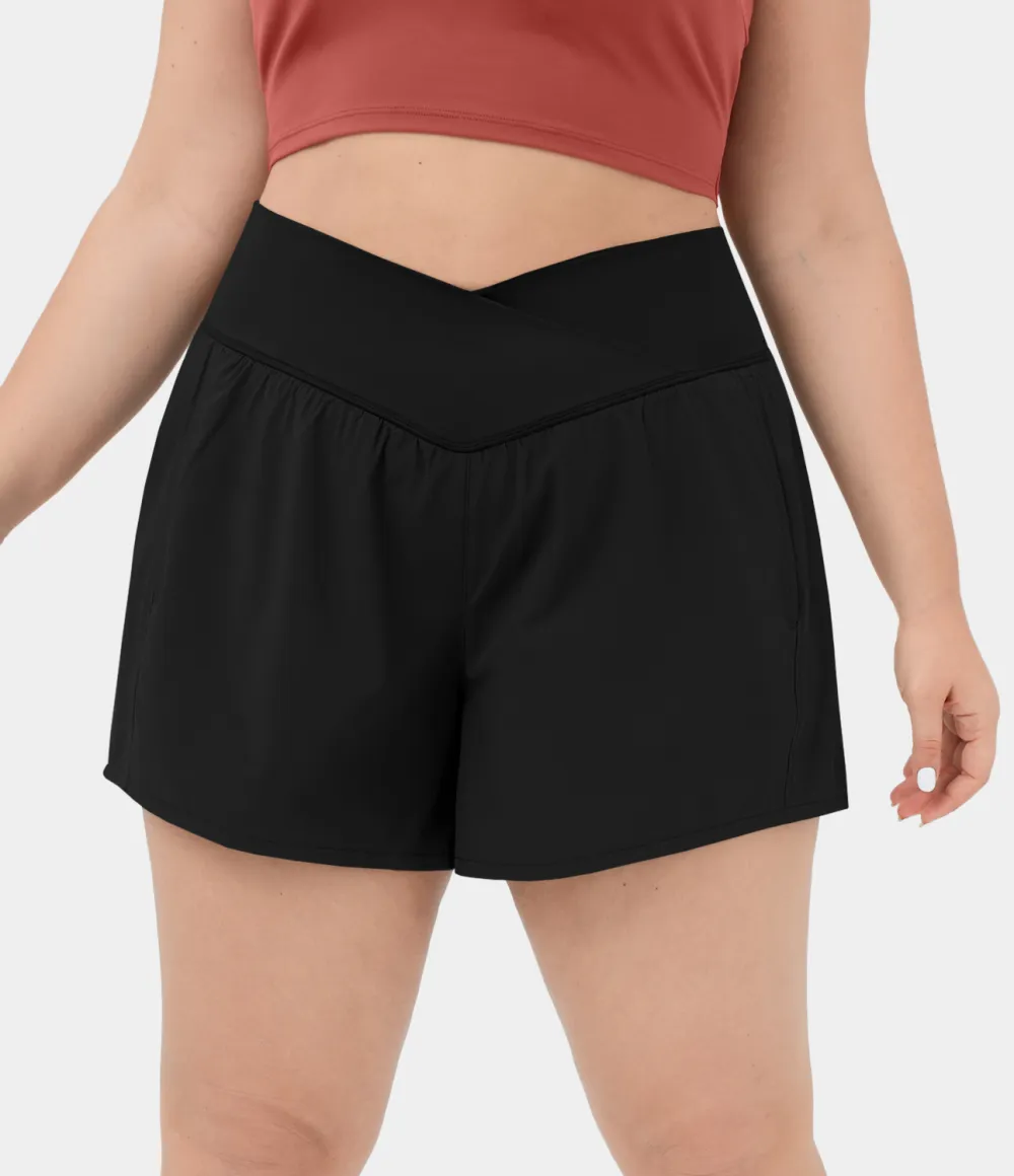 Breezeful High Waisted Crossover Side Pocket Plus Size 2-in-1 Quick Dry Yoga Shorts 4.5