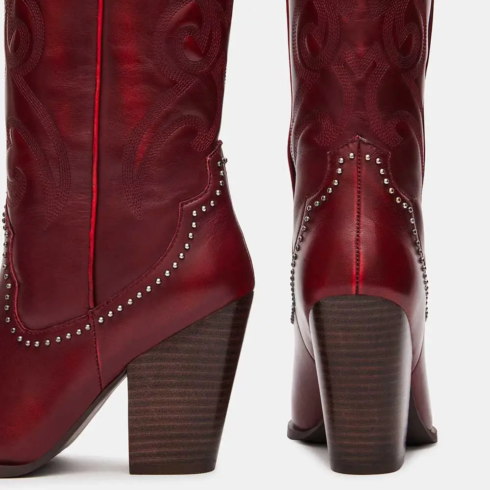 Faux-Leather Embroidered Studded Pointed-Toe Knee-High Boots