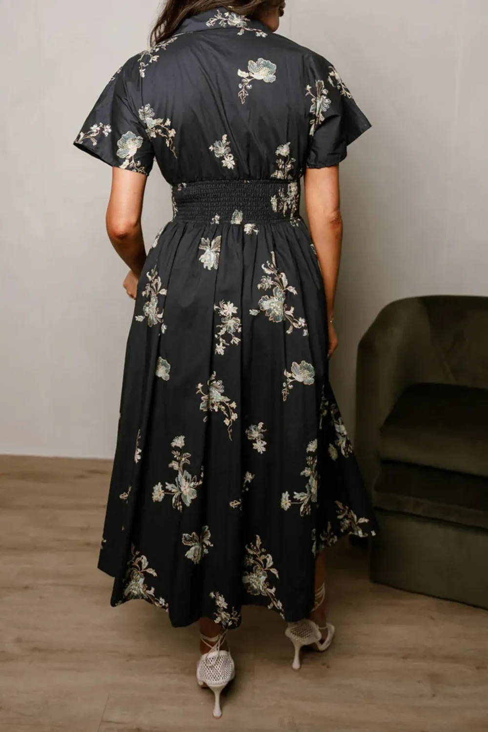 Smocked Zip Up Floral Dress
