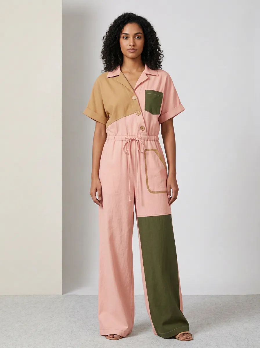 Women's Patchwork Colorblock Cotton Jumpsuit