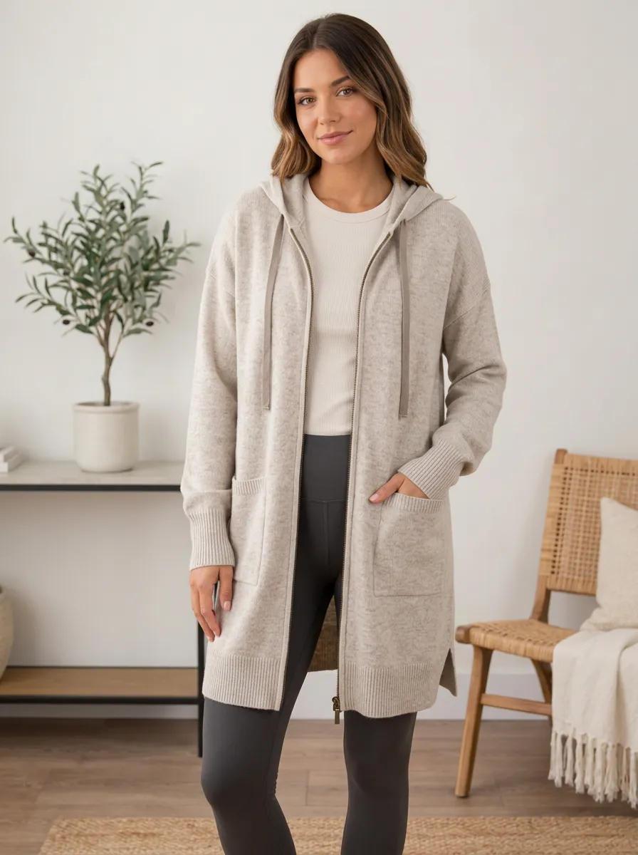 Women's Casual Beige Knit Hooded Zip-Up Cardigan