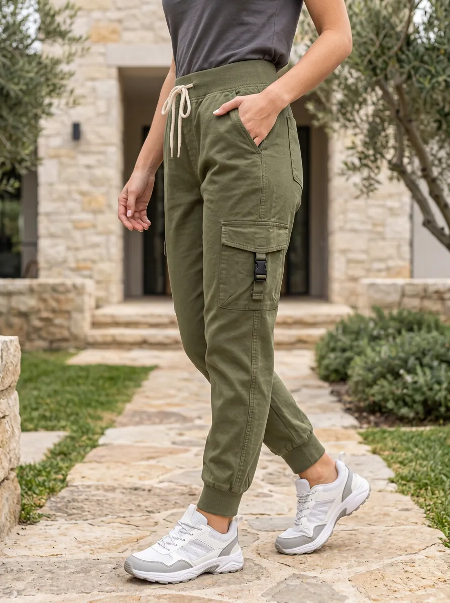 Women's Olive Green High-Waisted Buckle Pocket Cargo Joggers