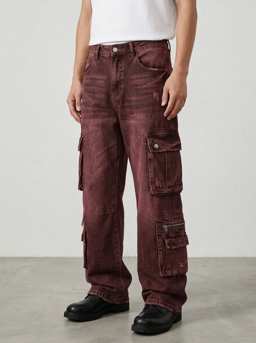 Men's Vintage Wash Distressed Multi-Pocket Cargo Jeans