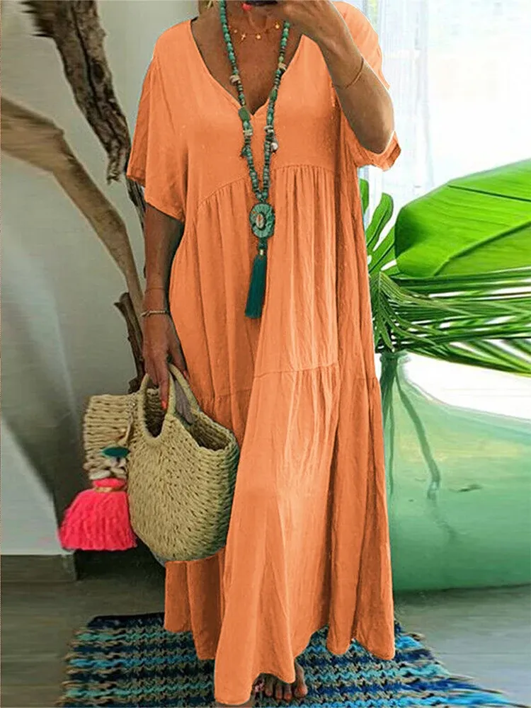 V-Neck Short Sleeve Pleated Midi Dress
