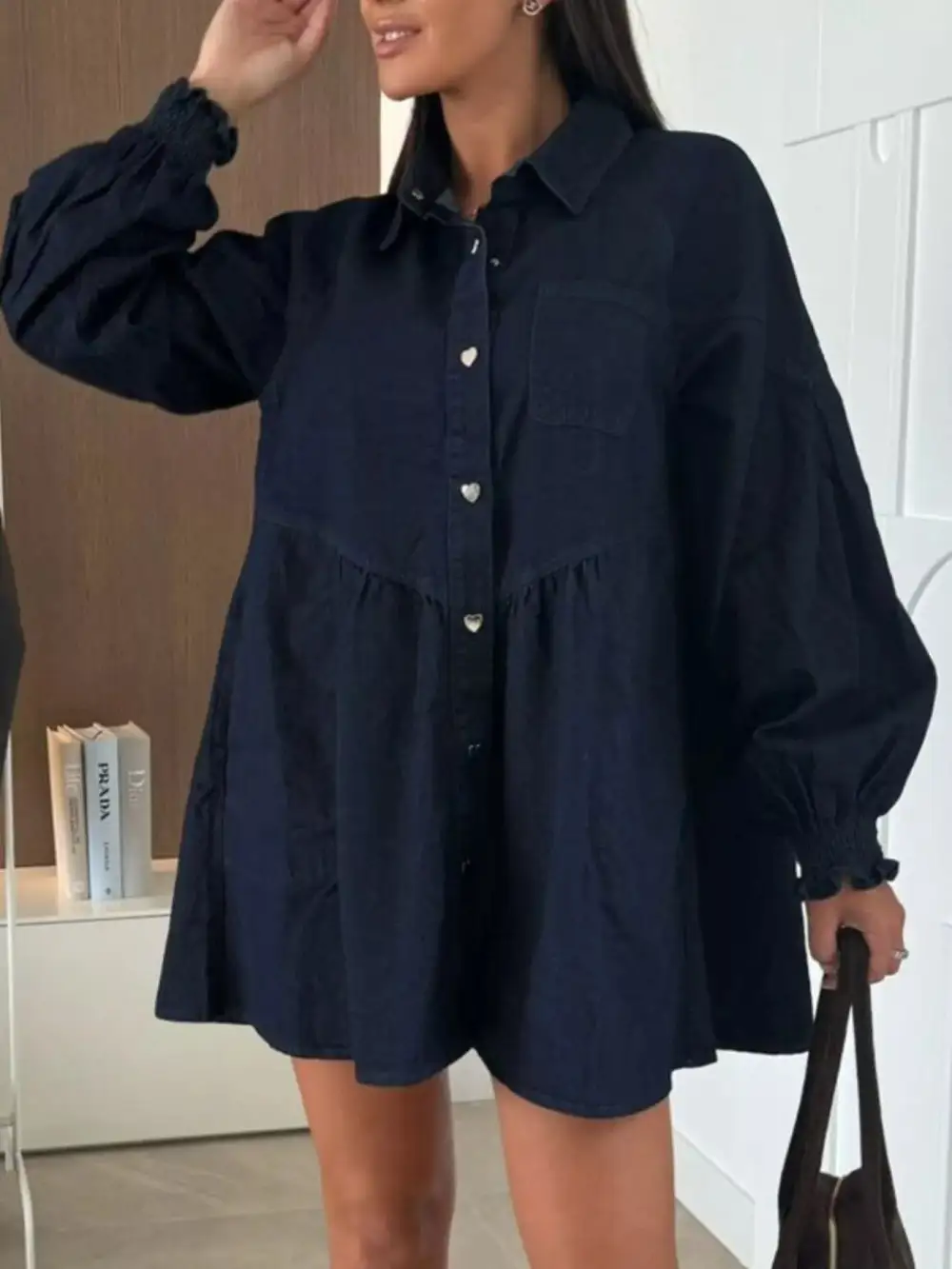 Denim Button Front Pocketed Mini Dress