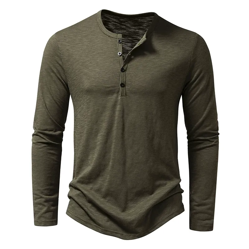 Men's Fashion: 2026 Autumn Western-Style Long-Sleeve Henley T-Shirt (Slub Cotton)