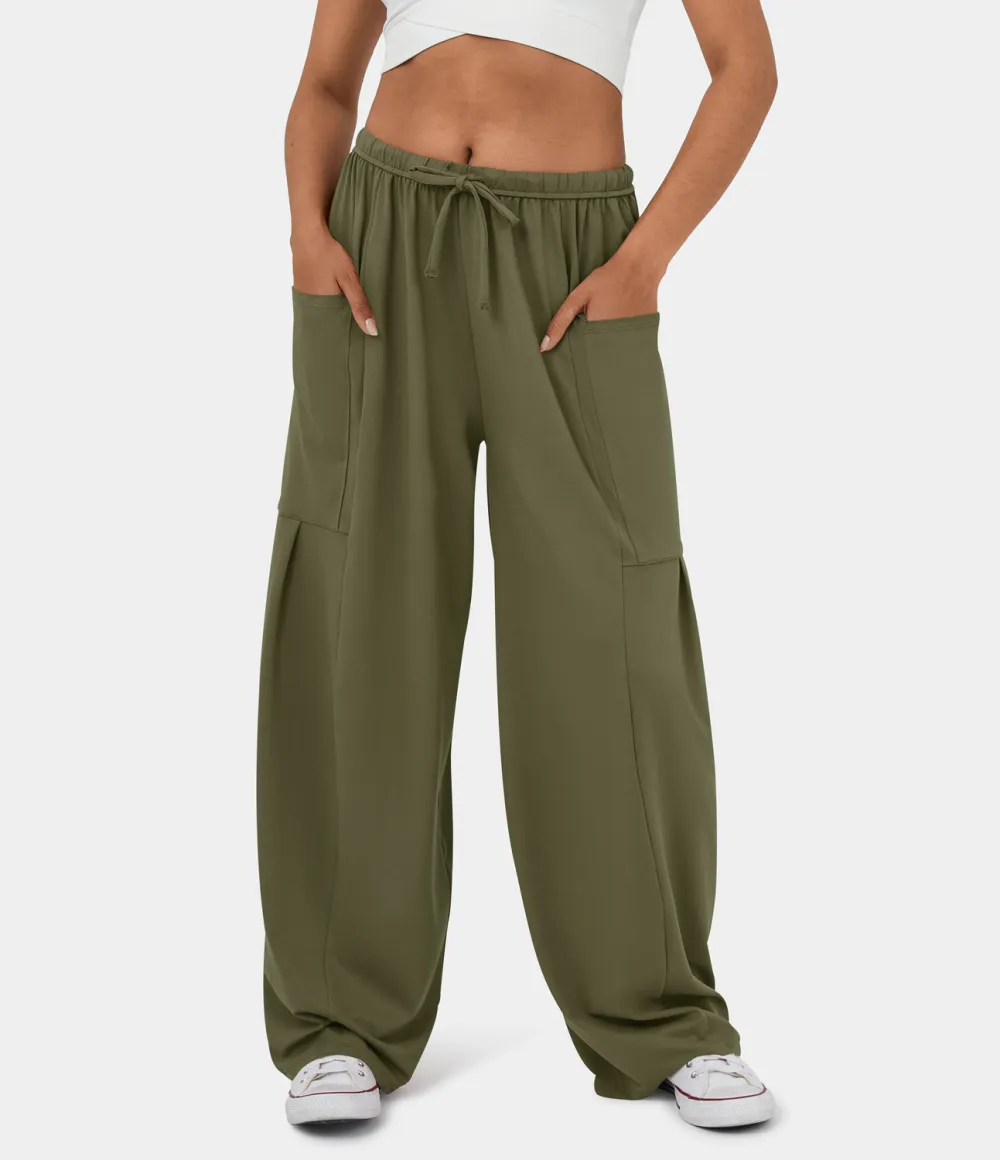 Mid Rise Elastic Waistband Drawstring Side Pocket Palazzo Flowy Wide Leg Casual Pants