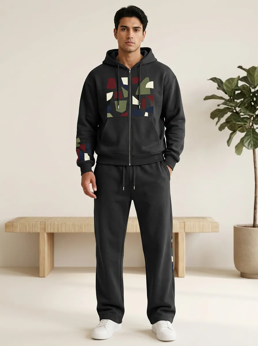 Men's Abstract Geometric Pattern Printed Hooded Tracksuit Everyday Design