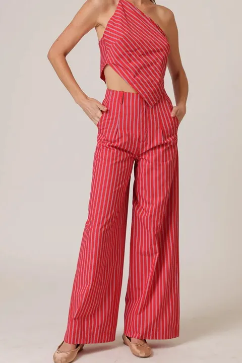 Red White Striped High Waist Pants