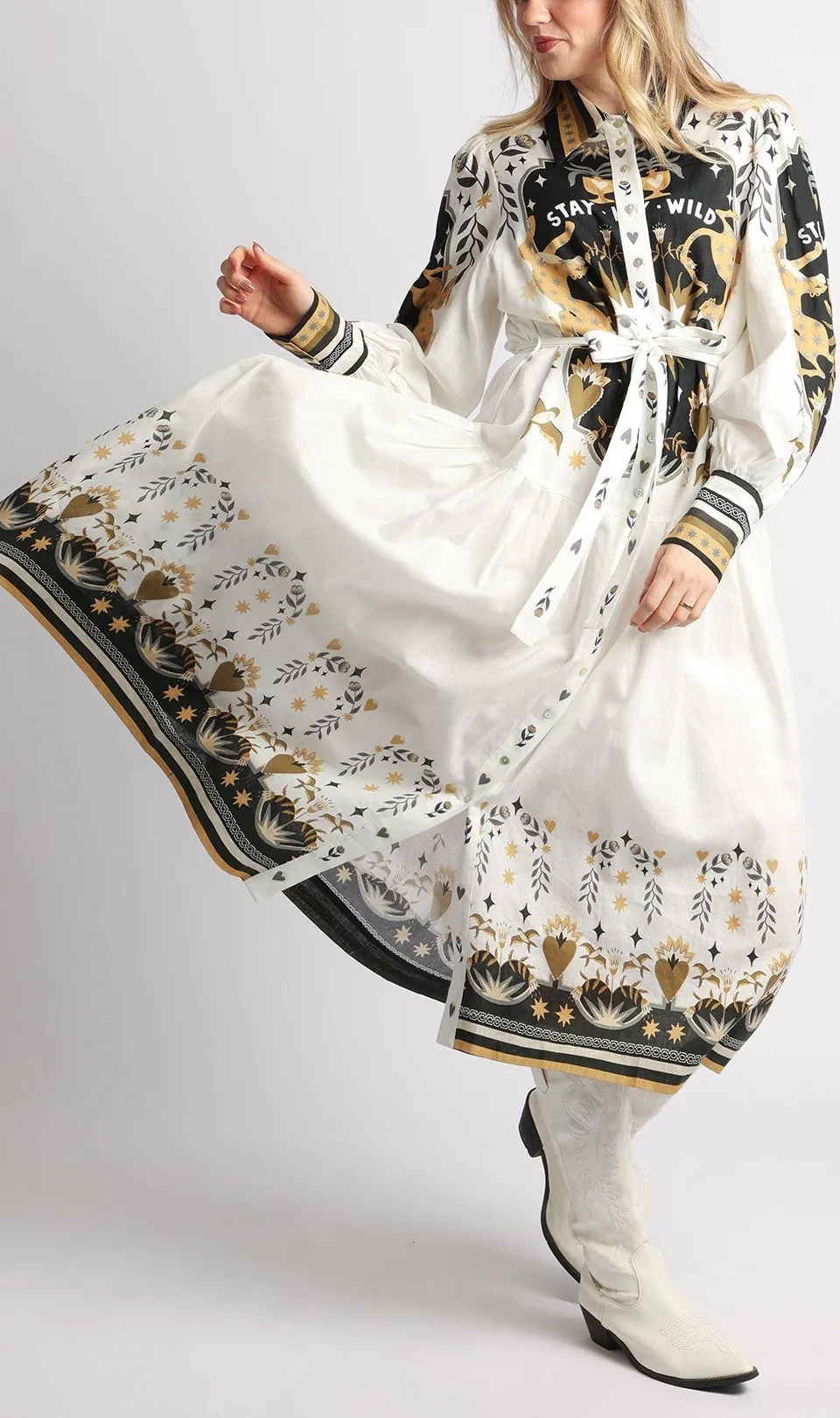 Modern Contrast Western Style Graphic Print Maxi Shirt Dress