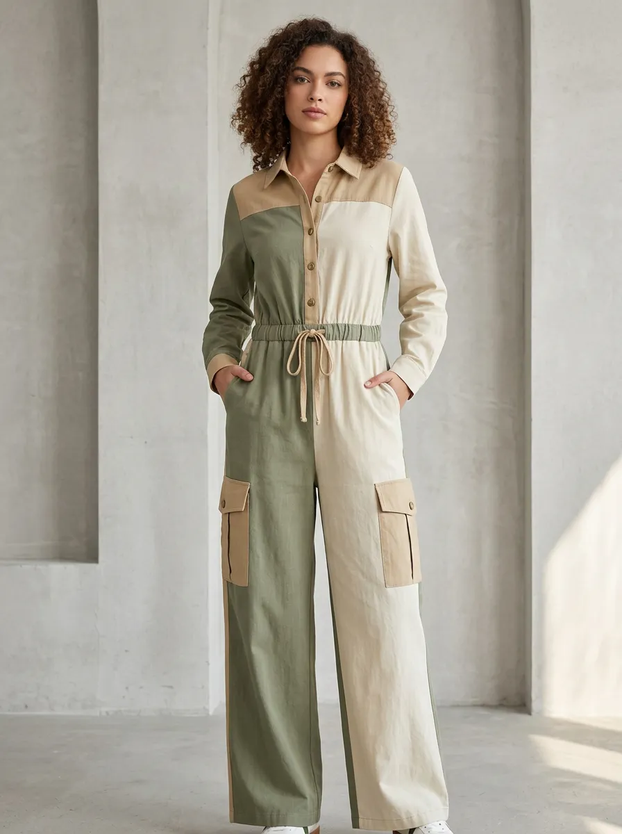 Women's Casual Two-Tone Colorblock Cargo Jumpsuit