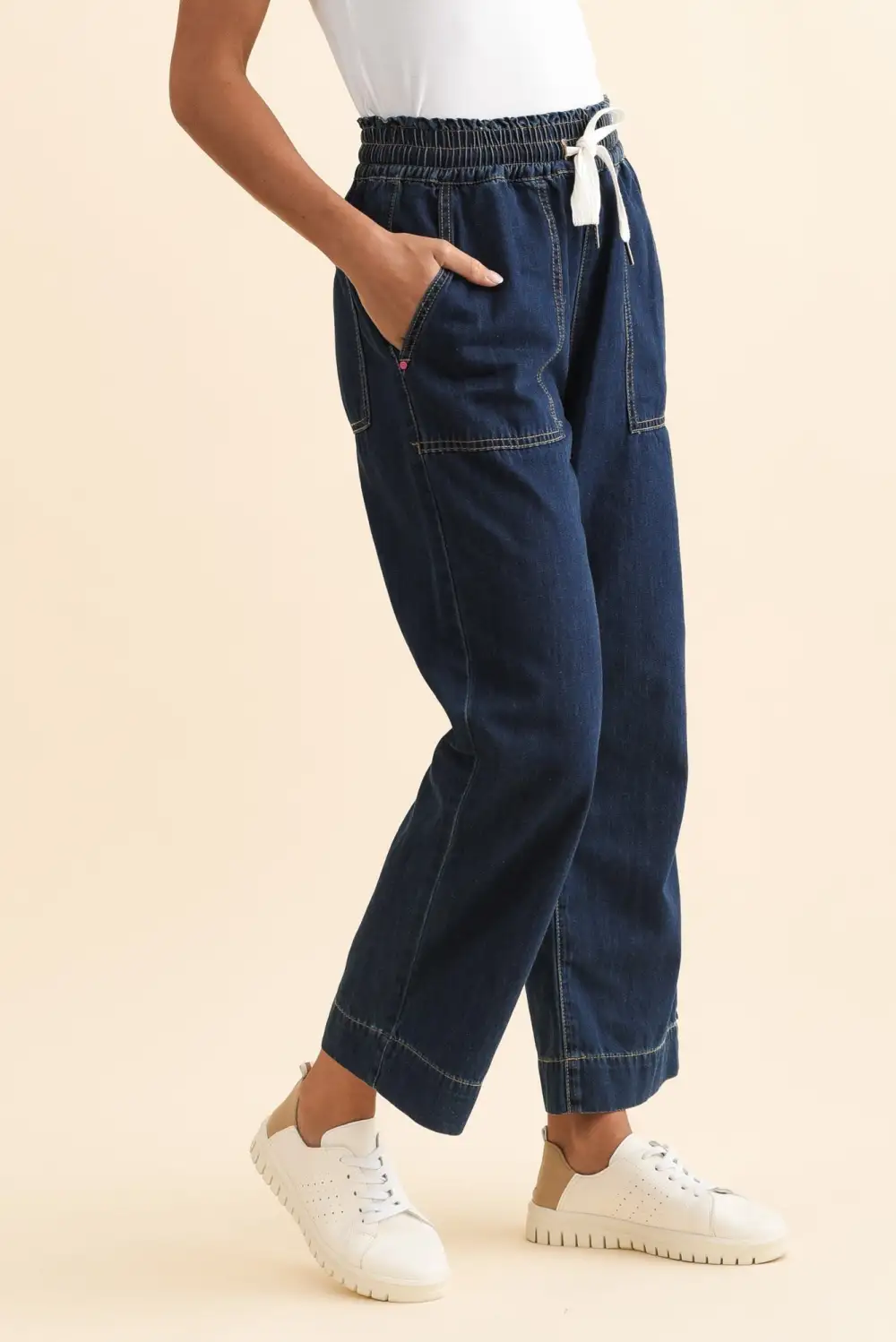 Denim Pants With High Rise And Elastic Waist