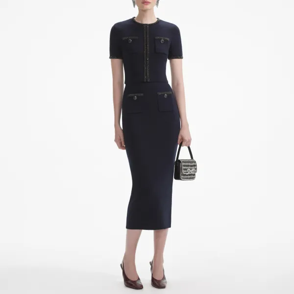 Navy Embellished Knit Midi Skirt