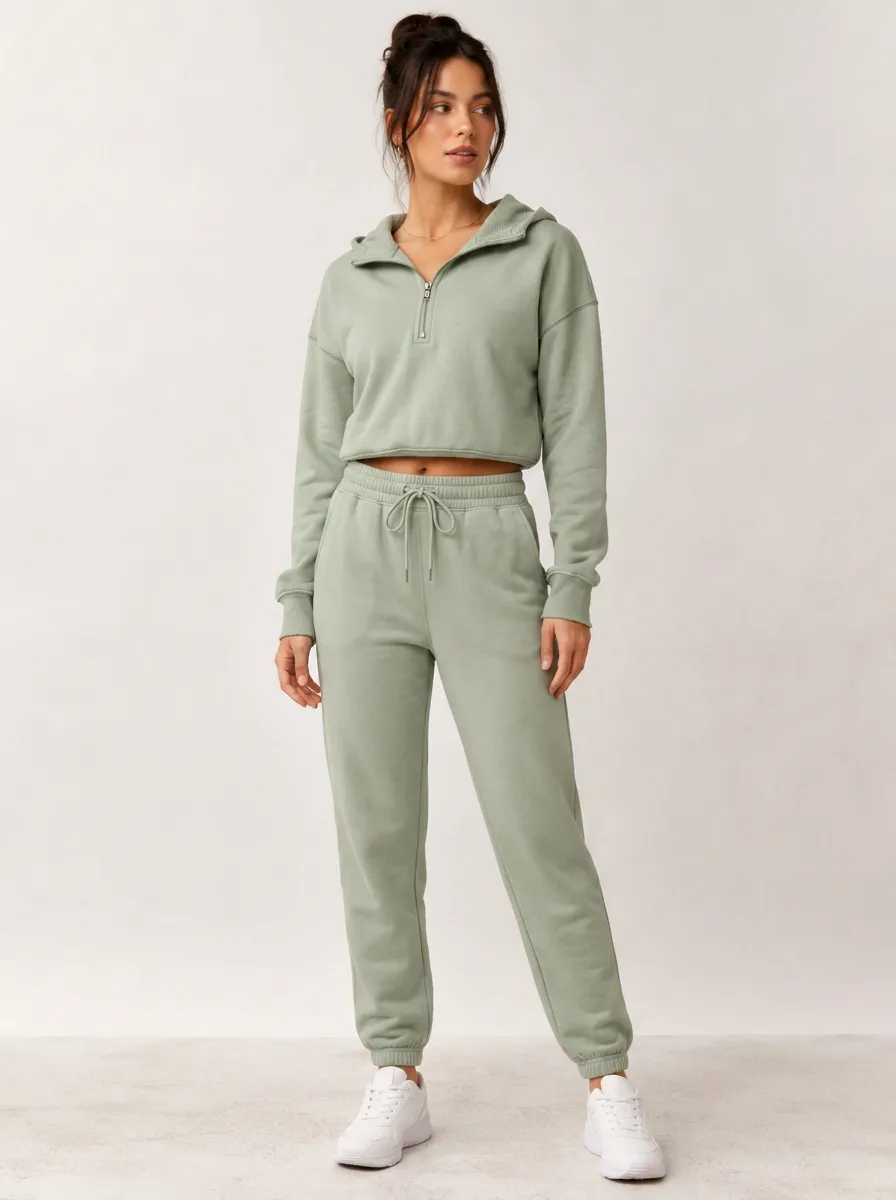 Women's Sage Green Quarter-Zip Hoodie and Jogger Set - Quarter-Zip