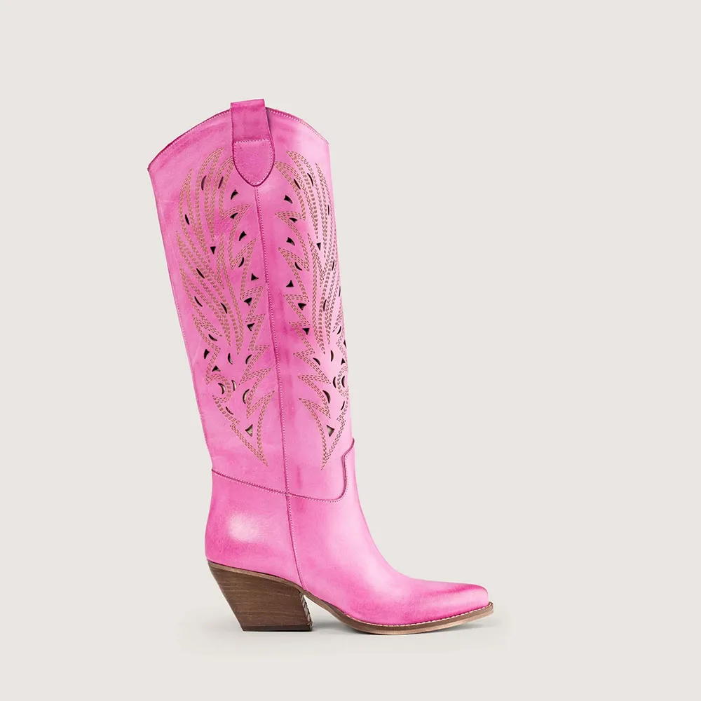 Faux-Leather Distressed Embroidered Snip-Toe Knee-High Boots