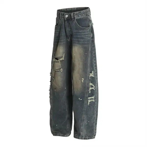 Men's Wide Leg Distressed Splatter Print Denim Jeans
