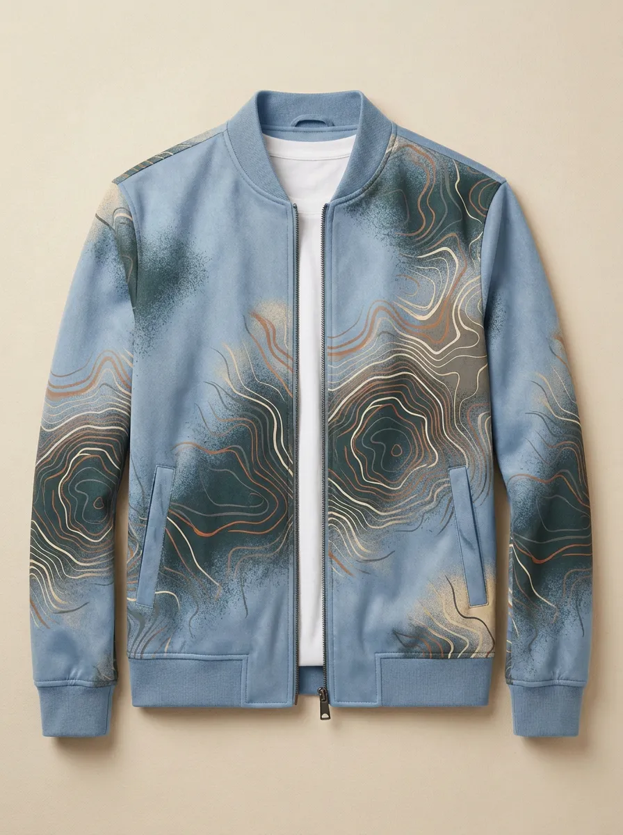 Topographic Print Sleeve Detail Bomber Jacket
