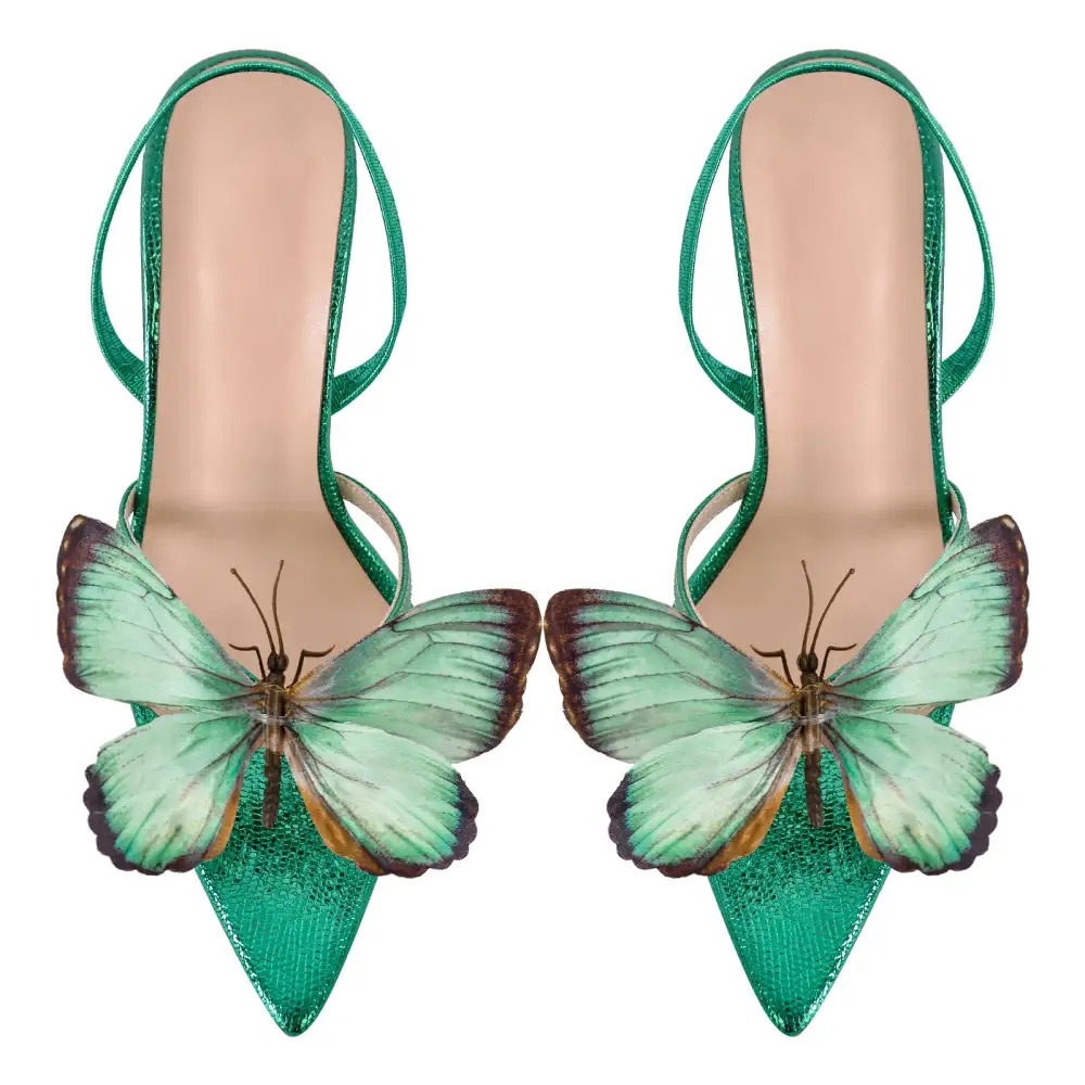 Butterfly Pointed Toe Clear Heel Slingback Sandals