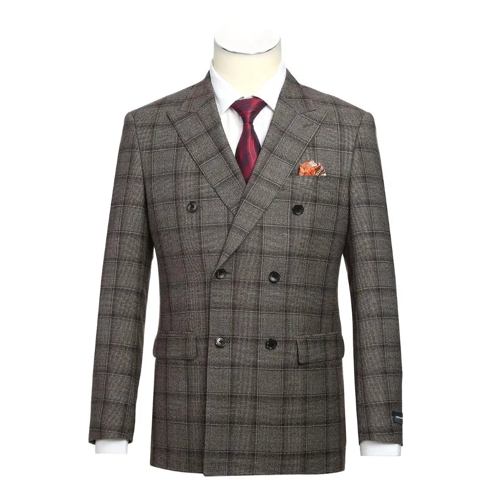 Brown Slim Fit Wool Double Breasted Peak Lapel Flat Front Jacket