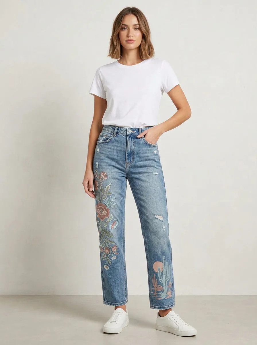 Women's Floral Cactus Desert Printed Straight Leg Jeans