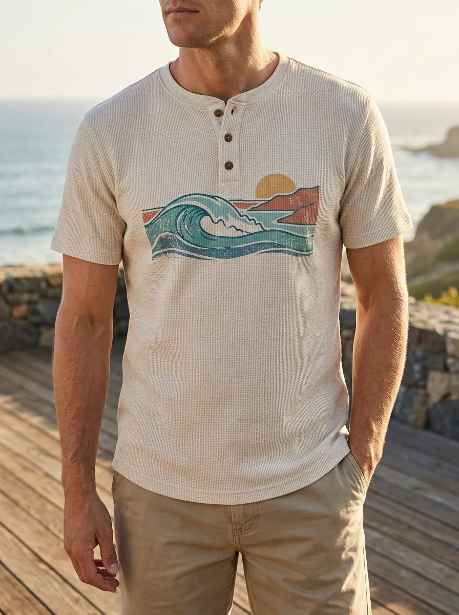 Men's Ocean Surfer Sunset Graphic Printed Henley T-Shirt