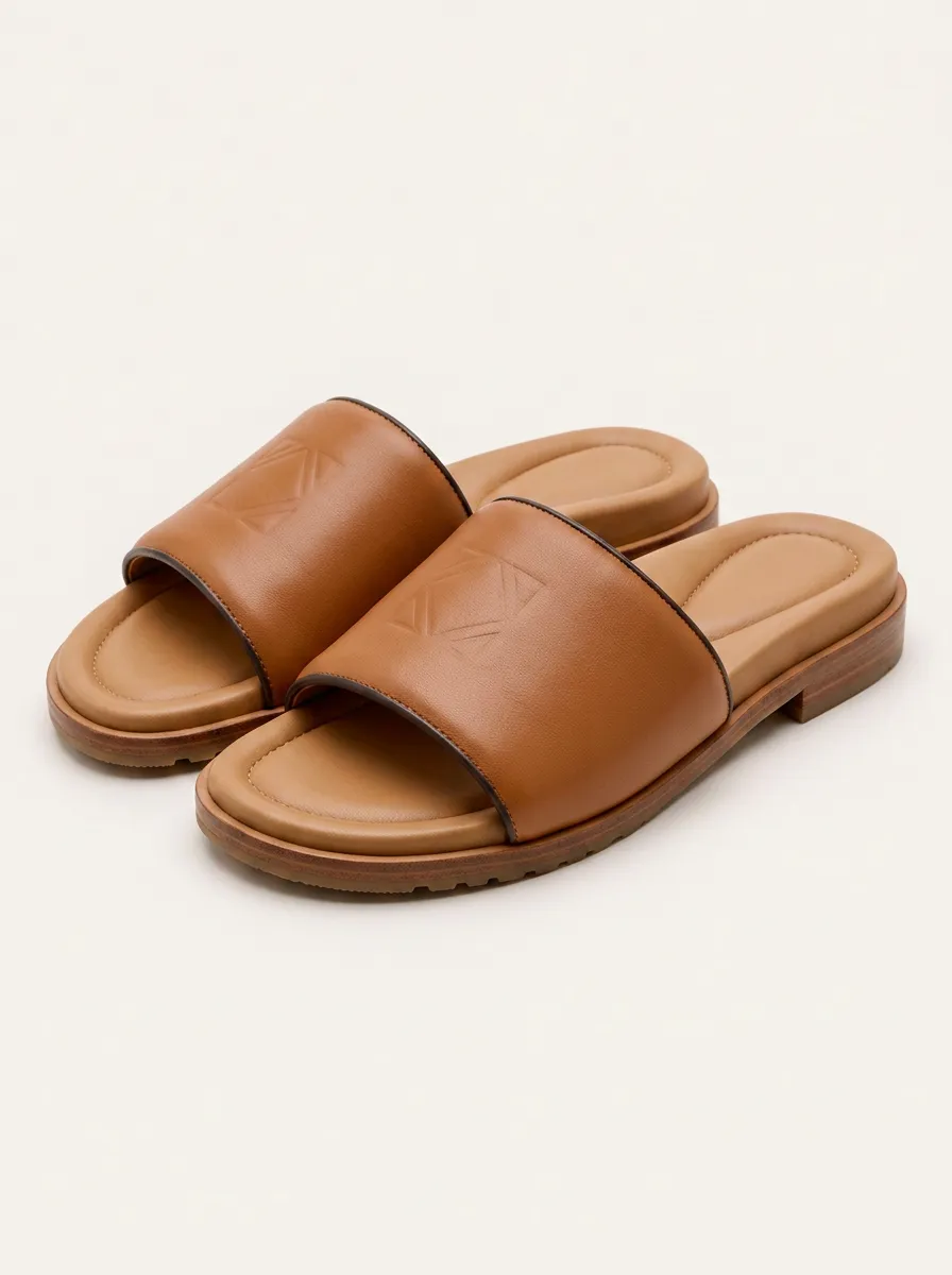 Women's Minimalist Geometric Embossed Tan Leather Slides