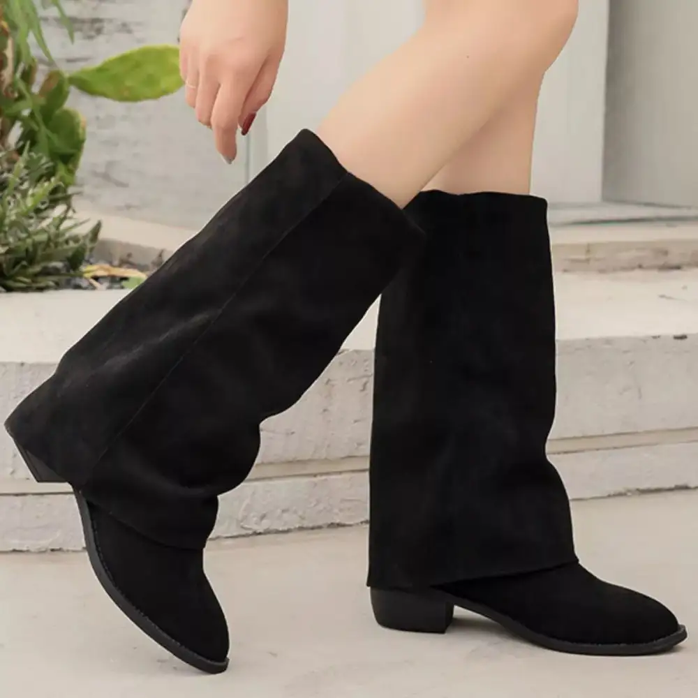 Buttoned Point Toe Block Heels Boots